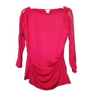 Cache Red Ruched Sides Zipper-Accent Long Sleeve Stretchy Top Size M 90s Y2K